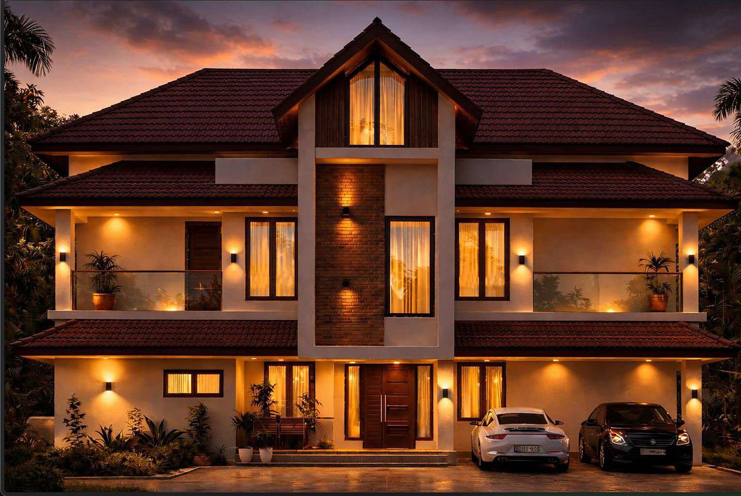 Independent luxury villa, warm-lit at dusk